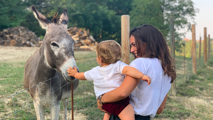 donna tiene in braccio un bambino che accarezza il muso di un asino