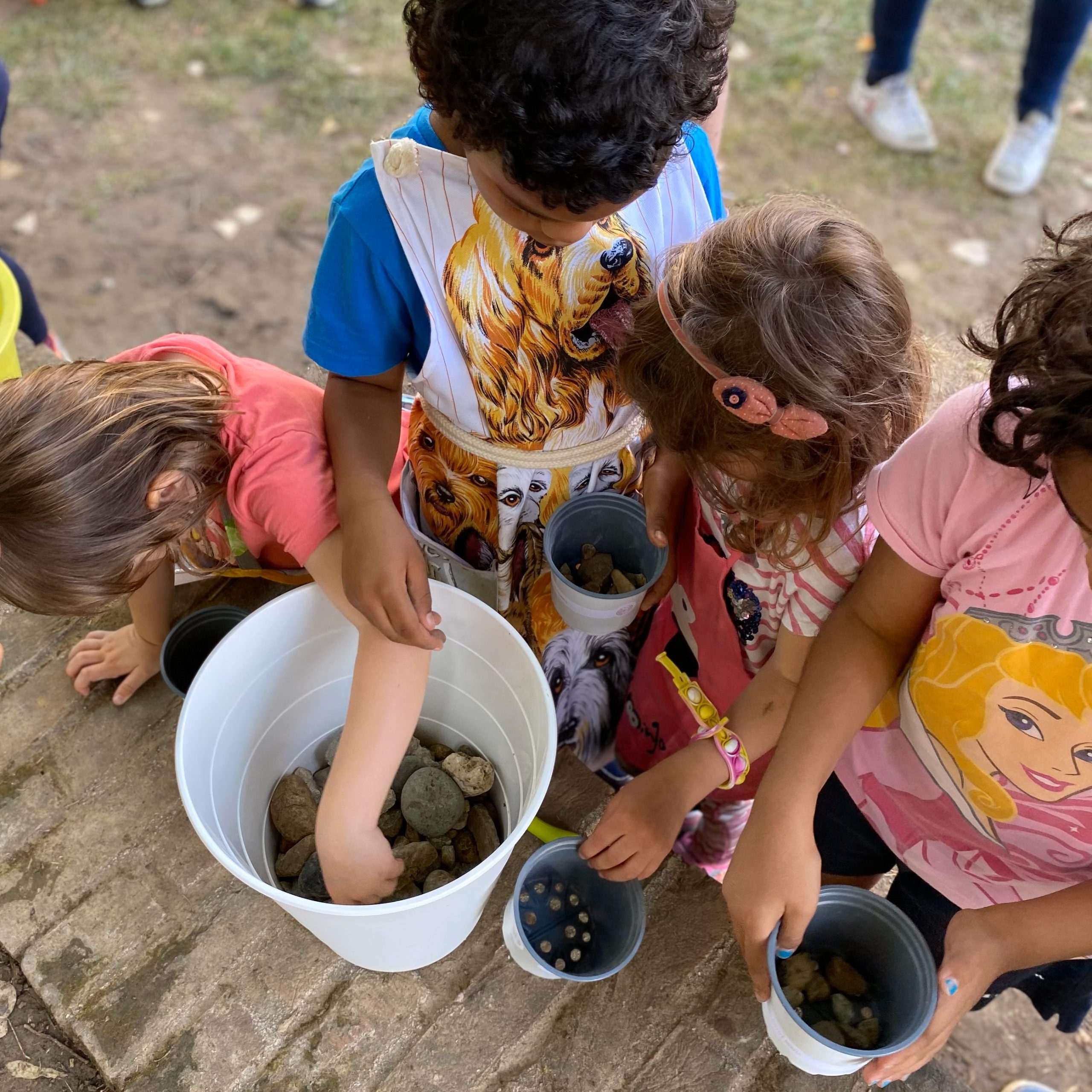 bambini giocano con sassi raccolti in alcuni vasi